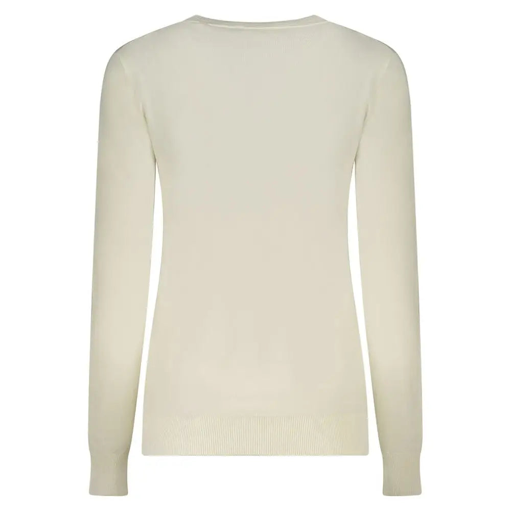 Pull col rond à manches longues guess jeans bianco viscosa femme couleur crème en maille côtelée