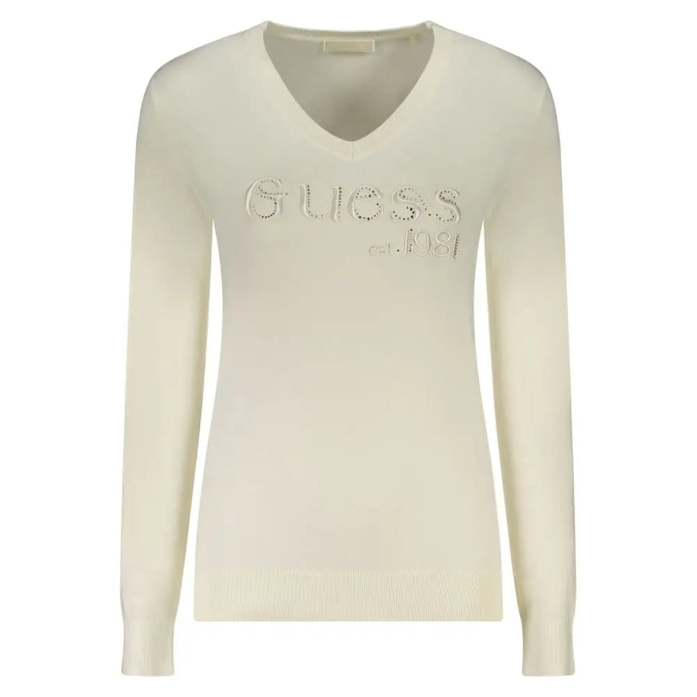 Pull guess jeans bianco viscosa femme manches longues crème avec col en v et logo est visible