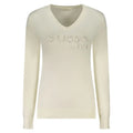 Pull guess jeans bianco viscosa femme manches longues crème avec col en v et logo est visible
