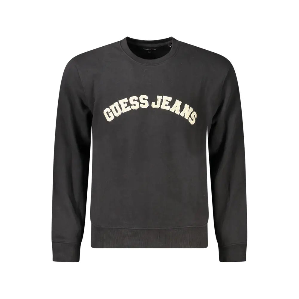 Sweatshirt guess jeans noir en coton pour homme avec lettrage crème arrondi sur la poitrine