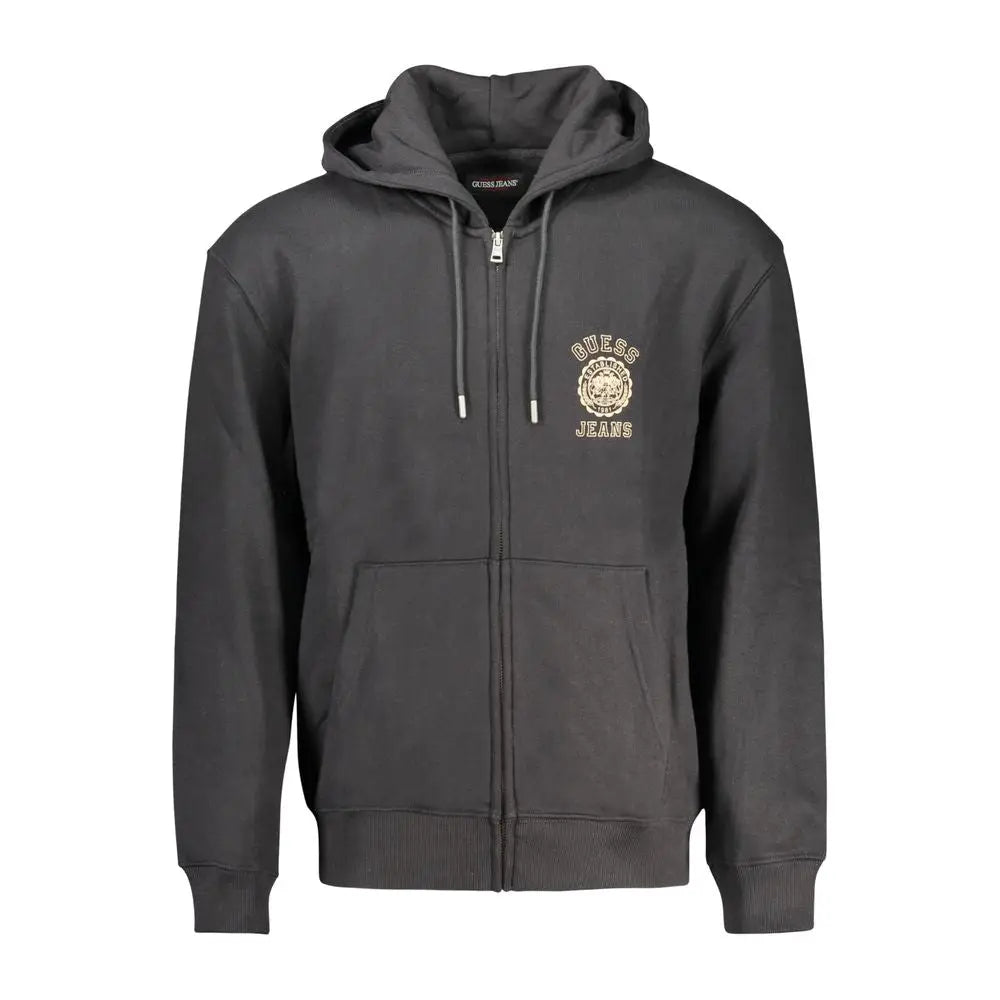 Sweatshirt guess jeans noir en coton pour homme avec capuche zippée gris foncé et logo doré brodé sur la poitrine