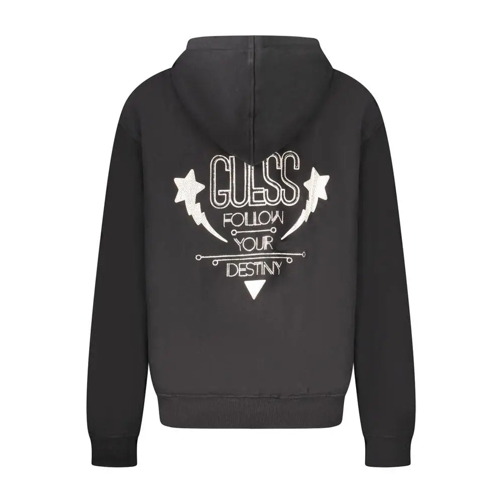 Sweatshirt guess jeans noir en coton pour femme avec logo blanc brodé et texte guess follow your destiny étoiles et éclairs