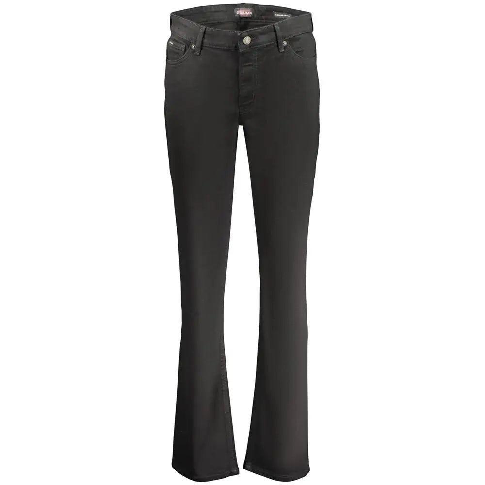 Jeans noirs en coton guess pour femme avec coupe évasée, cinq poches classiques et détails argentés