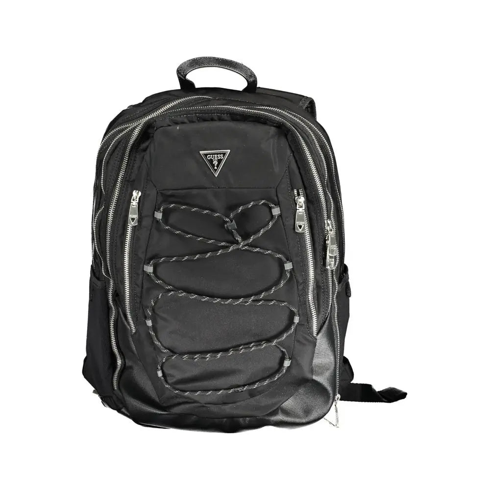 Sac à dos guess jeans noir en polyamide pour homme avec fermetures éclair argentées et logo triangulaire devant