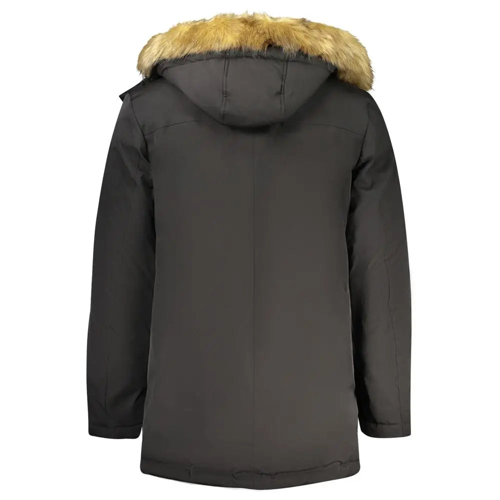 Parka gris foncé avec capuche bordée de fourrure beige en polyester pour homme guess jeans noir