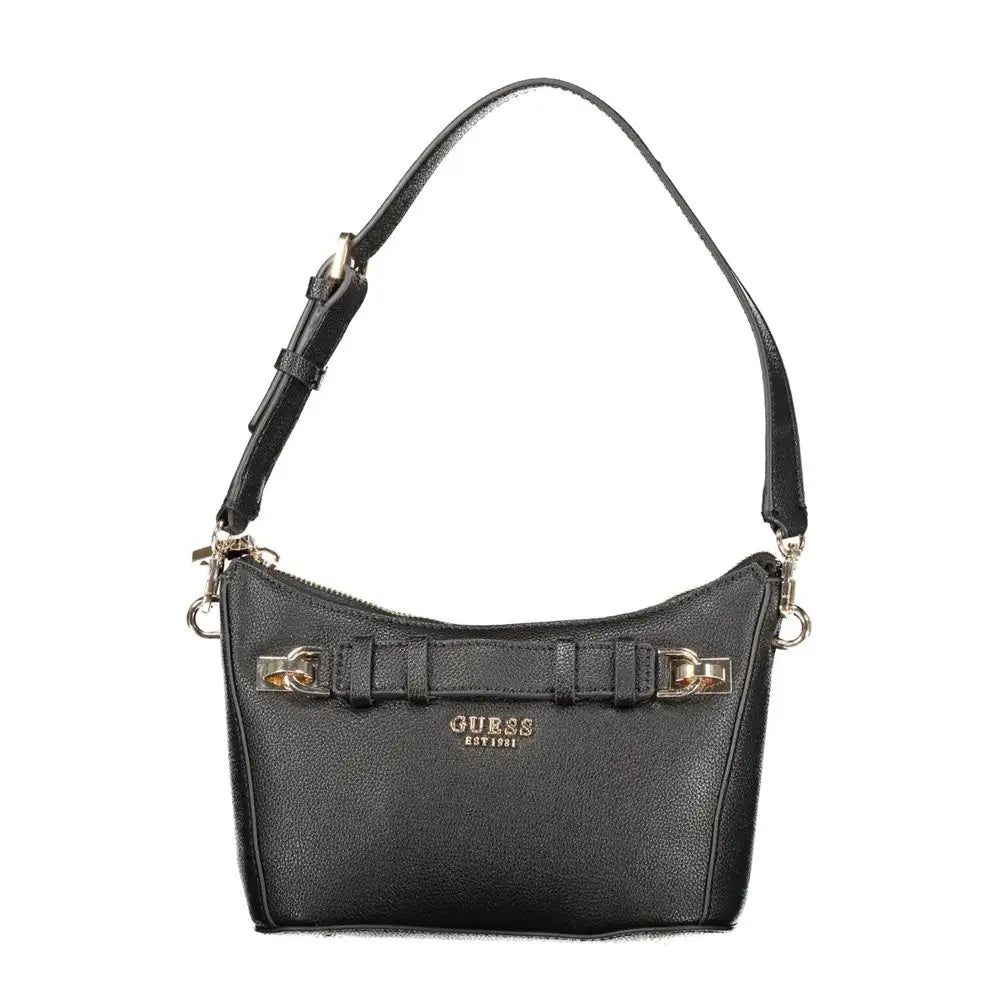 Sac à main guess jeans noir en polyuréthane avec cuir texturé et nœud structuré en métal doré