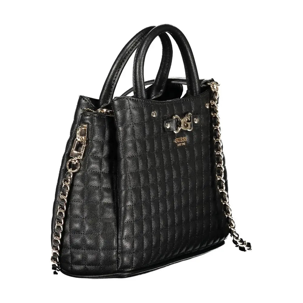 Sac à main noir matelassé en cuir synthétique guess jeans avec chaîne argentée et fermoir logo femme