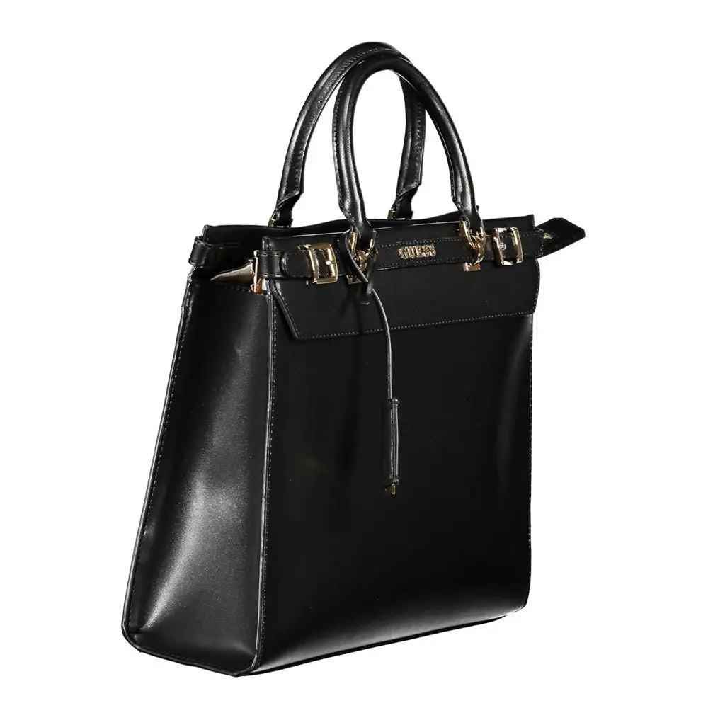 Sac à main guess jeans noir en polyuréthane avec finition cuir brillante et détails métalliques dorés
