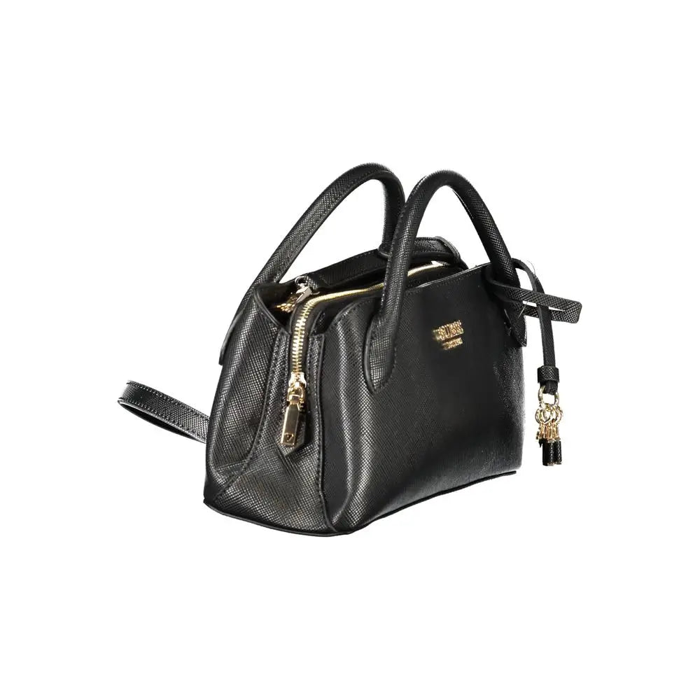 Sac à main guess jeans noir en polyuréthane avec texture, zips dorés et porte-clés décoratif