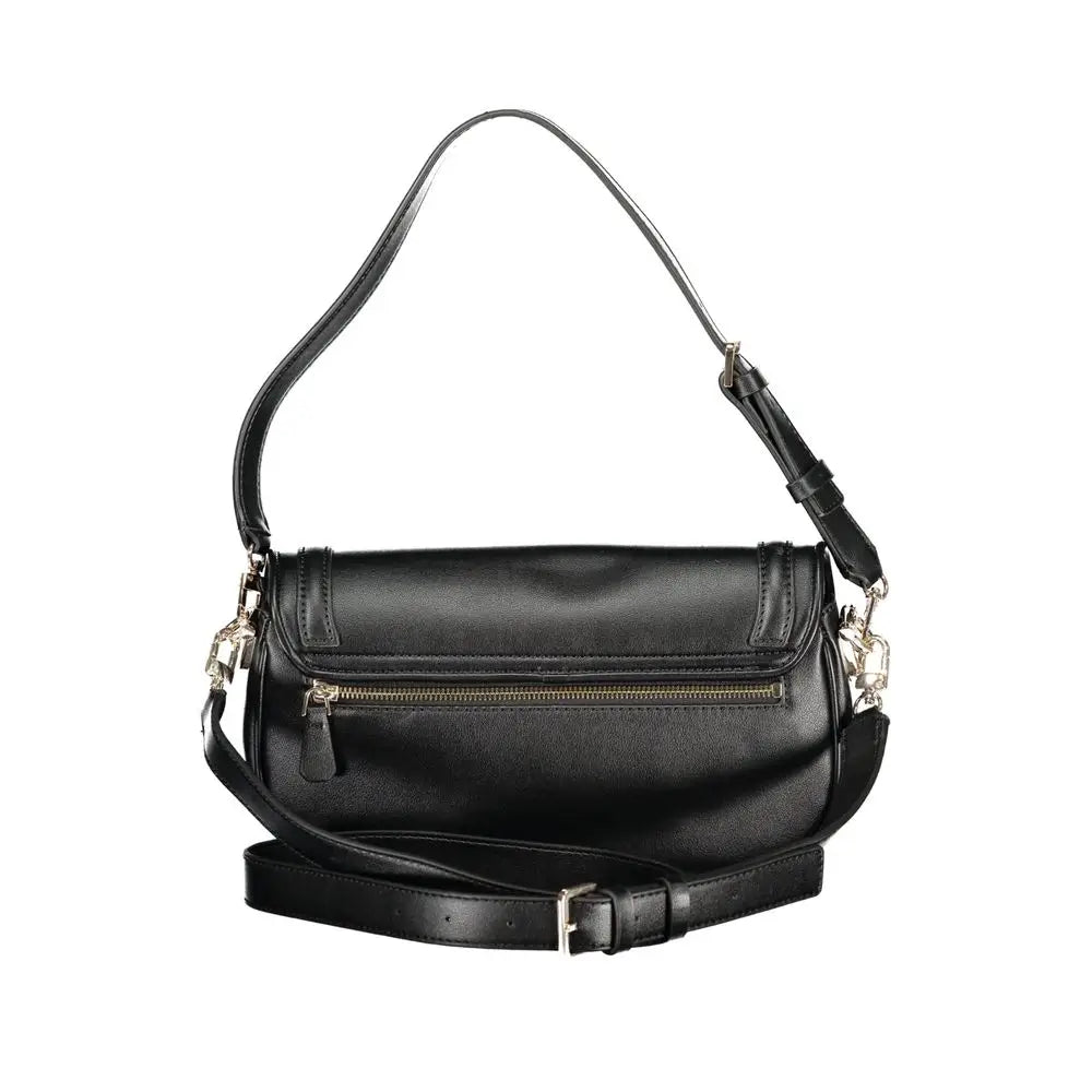 Sac bandoulière noir en cuir synthétique guess jeans pour femme avec fermeture éclair dorée et ferrures argentées