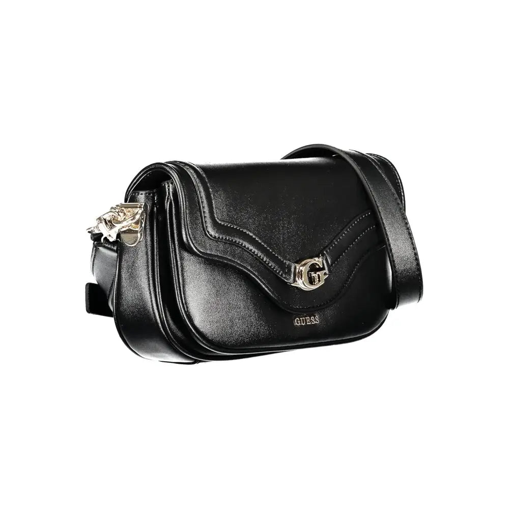 Sac bandoulière noir guess jeans en cuir synthétique brillant avec métal argenté pour femme