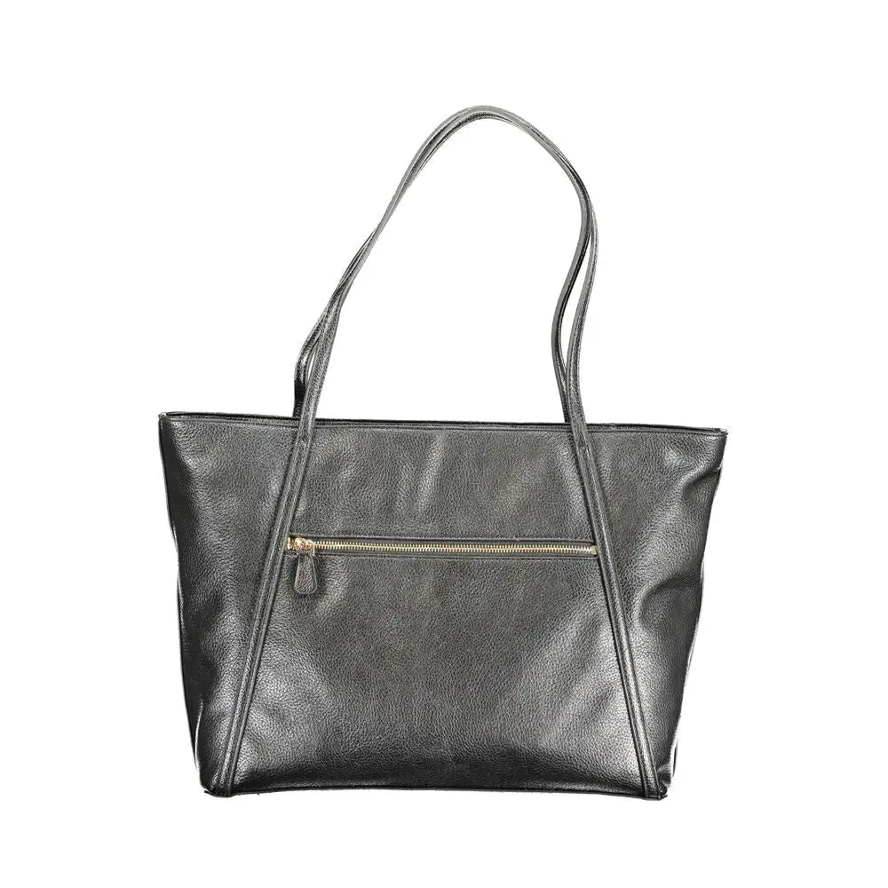 Sac fourre-tout en cuir noir texturé avec fermeture éclair et poignées dorées guess jeans pour femme