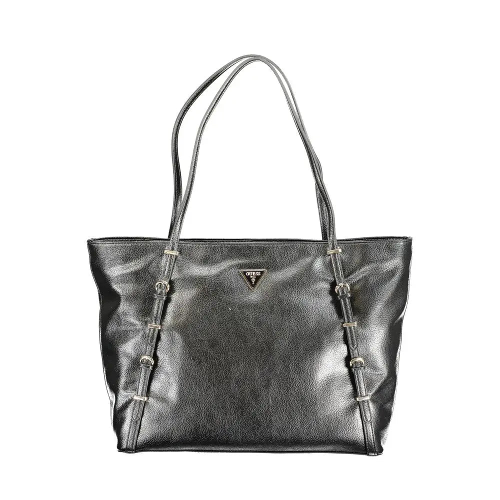 Sac tote guess jeans noir en polyuréthane avec logo triangulaire argenté et ferrures métalliques pour femme