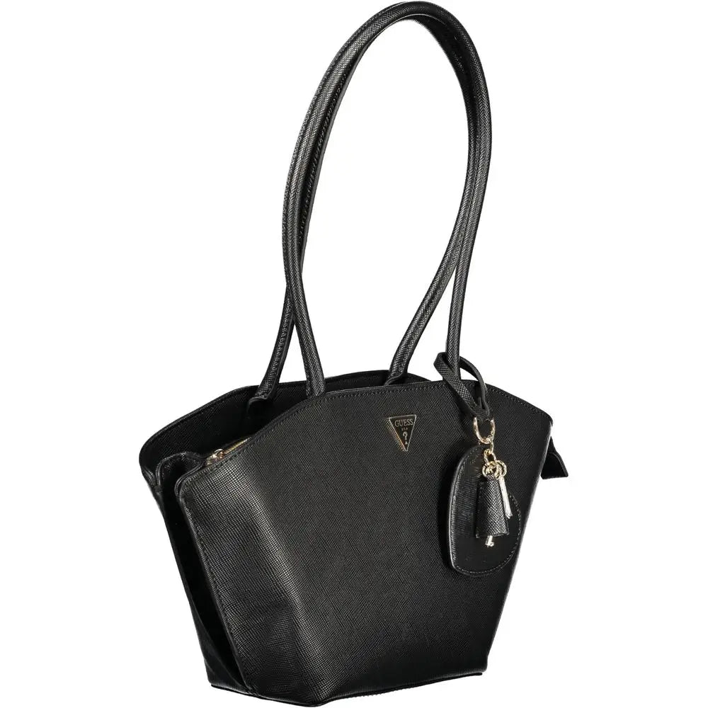 Sac à main guess jeans noir en polyuréthane avec cuir texturé et détails en métal doré pour femme