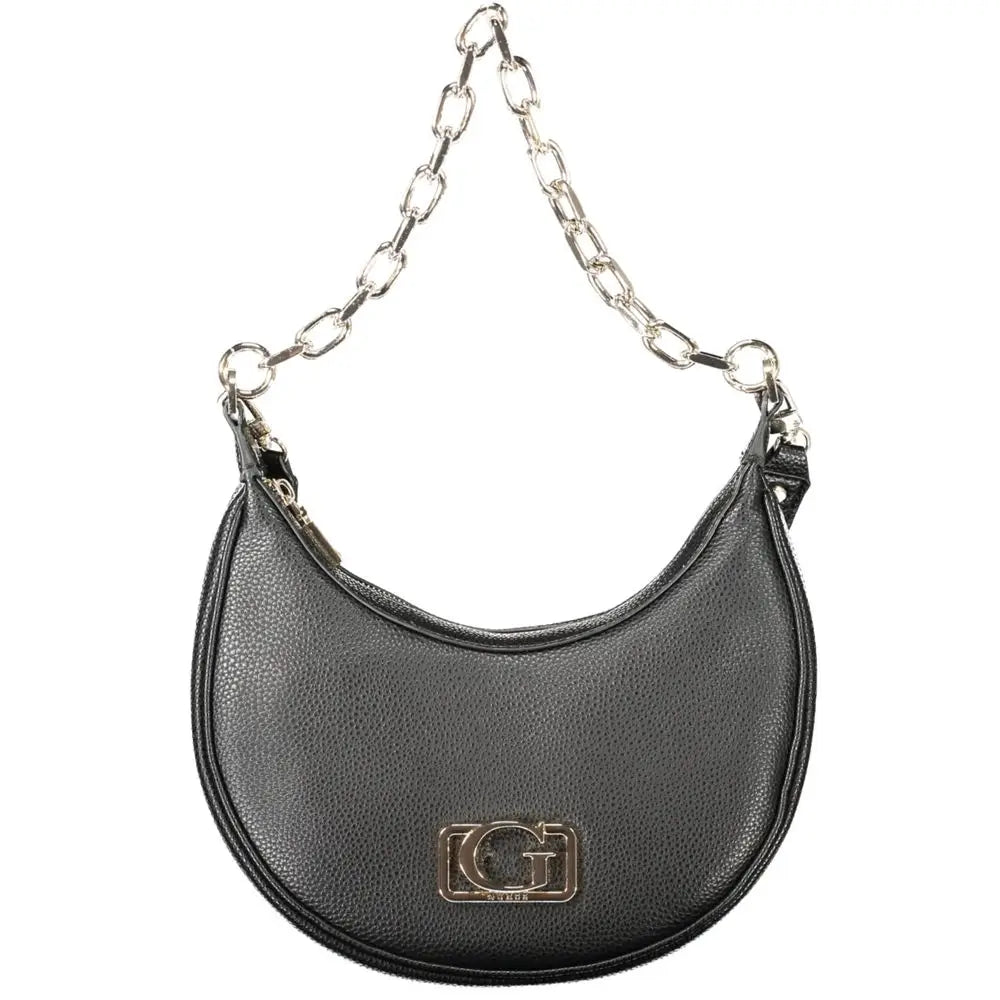 Sac à main femme guess jeans noir en cuir synthétique texturé avec forme croissant chaîne argentée et logo métallique