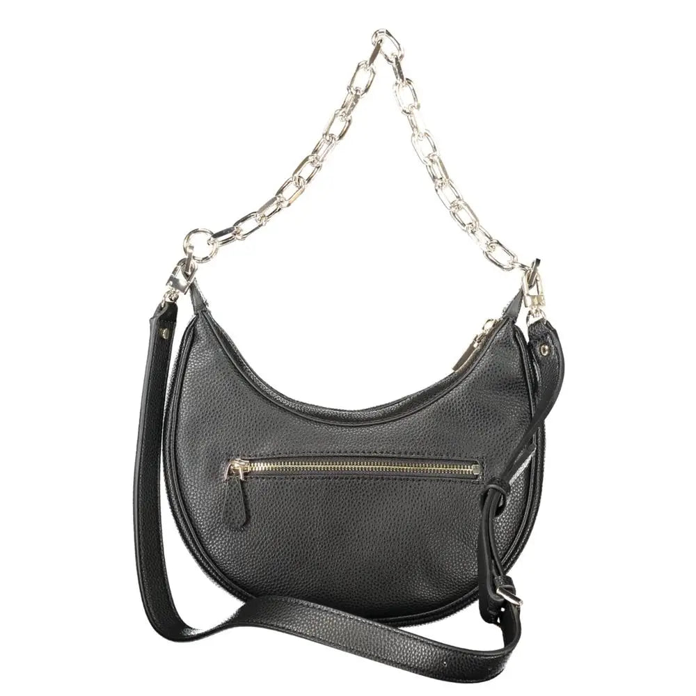 Sac bandoulière noir en cuir grainé en forme de croissant avec chaîne argentée et bandoulière réglable guess jeans