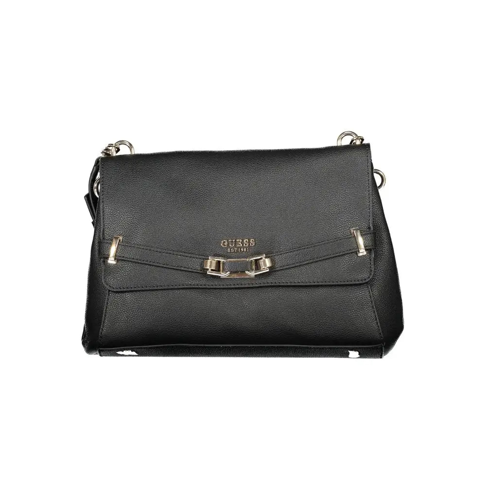 Sac bandoulière guess jeans noir en cuir synthétique texturé avec ferrures argentées pour femme