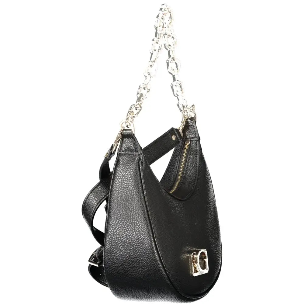 Sac hobo guess jeans noir en cuir grainé avec bandoulière chaîne argentée et fermoir dg doré