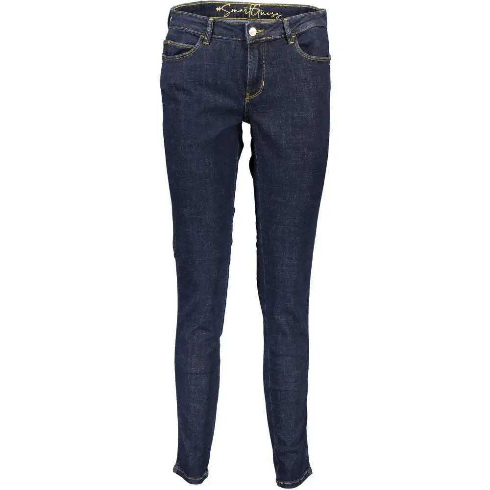 Jean slim bleu foncé en coton recyclé avec surpiqûres dorées guess jeans blu recycled cotton donna jeans