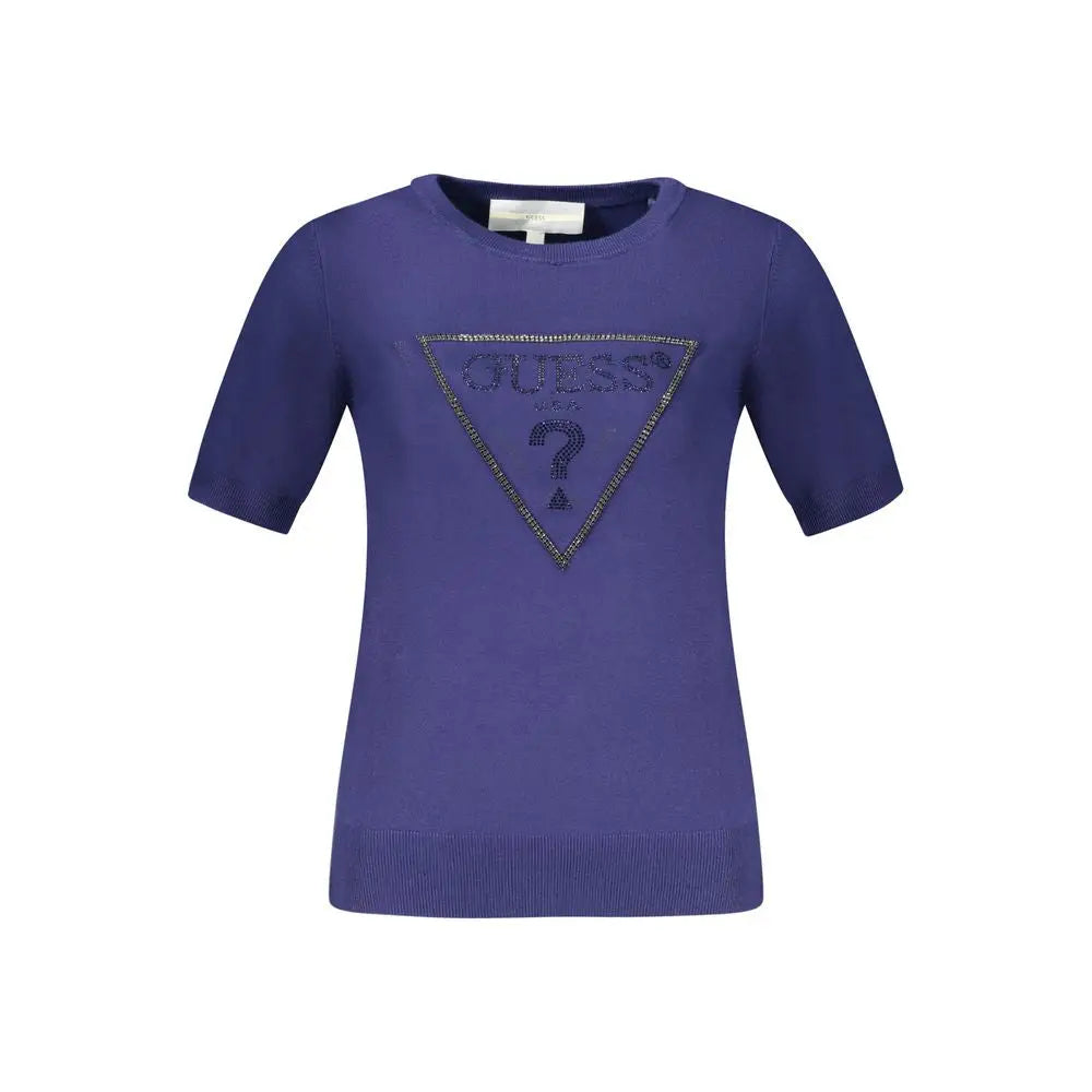 Pull violet manches courtes en viscose avec logo triangulaire guess en strass pour femme