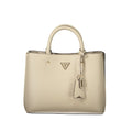 Sac à main beige en polyuréthane Guess Jeans pour femmes, avec bandoulière et détails élégants, visible sur l'image.