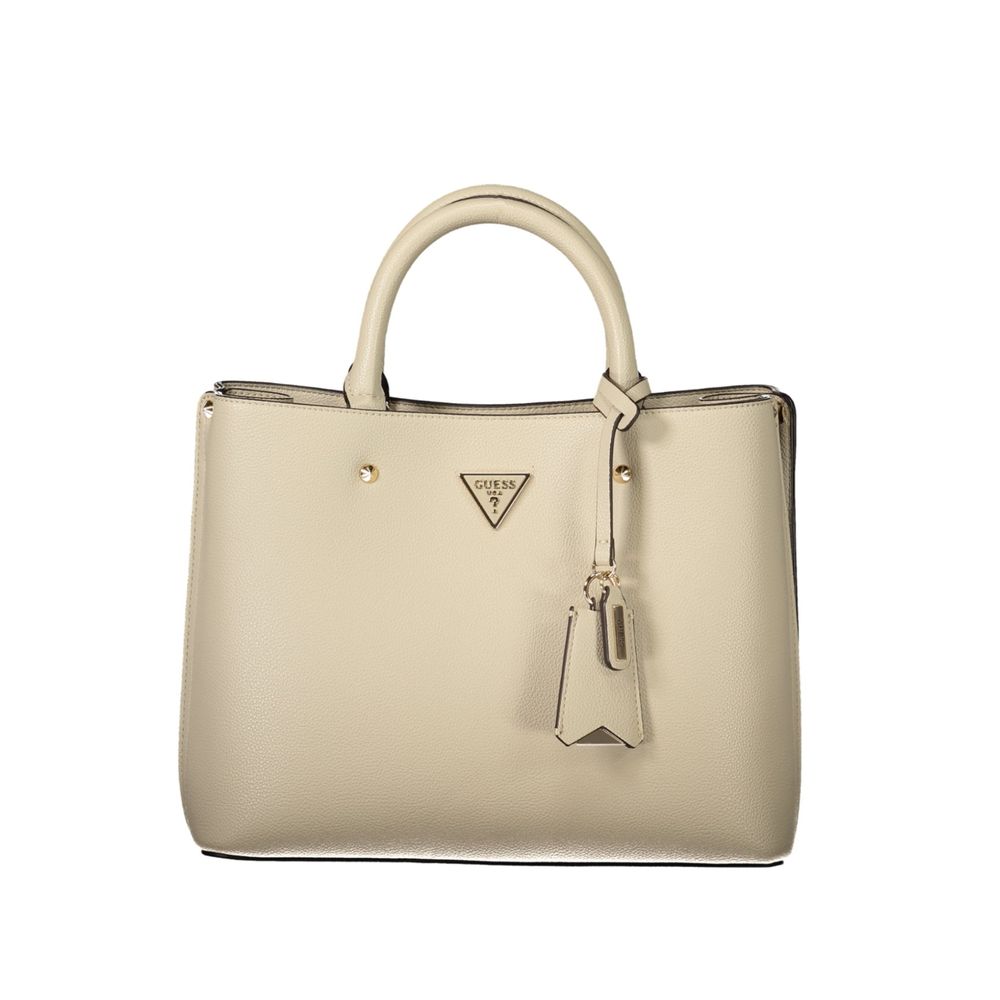 Sac à main beige en polyuréthane Guess Jeans pour femmes, avec bandoulière et détails élégants, visible sur l'image.