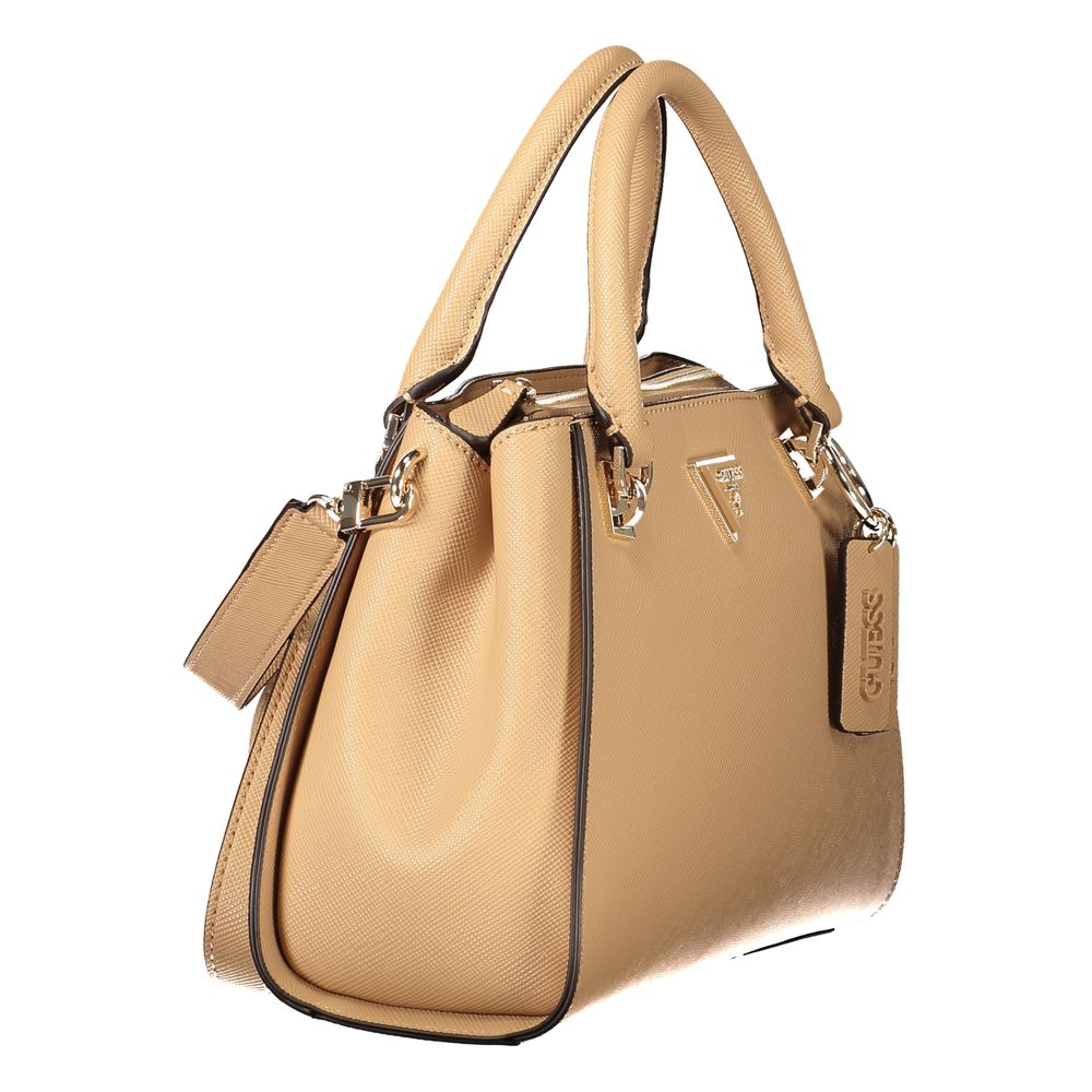 Sac à main beige en polyuréthane pour femmes de Guess Jeans, avec poignées et détails élégants.