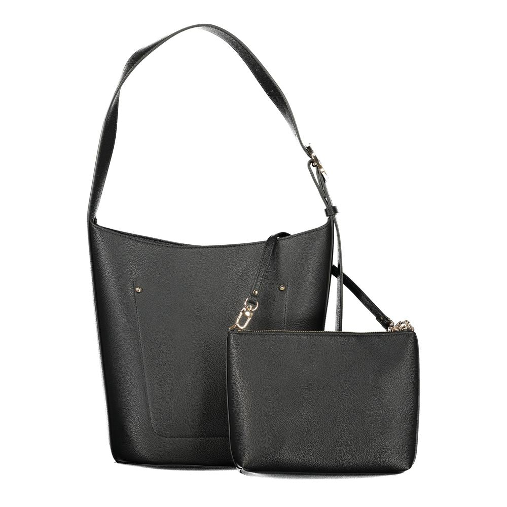 Sac à main noir en polyuréthane pour femmes de Guess Jeans, avec détails élégants et design tendance.