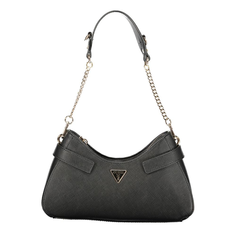 Sac à main noir en polyuréthane Guess Jeans pour femmes, avec détails élégants et design tendance.