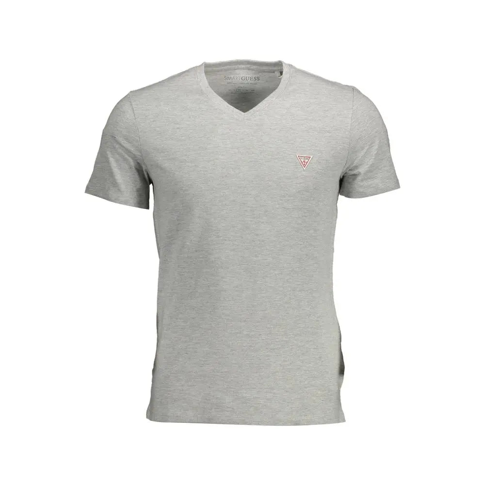 T-shirt homme guess jeans gris en coton biologique avec col en v et petit logo triangulaire rouge poitrine gauche