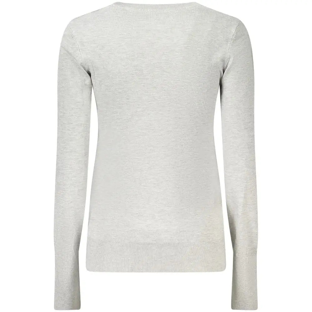 Guess jeans grigio viscosa femme pull gris clair chiné en maille à col rond classique et poignets côtelés