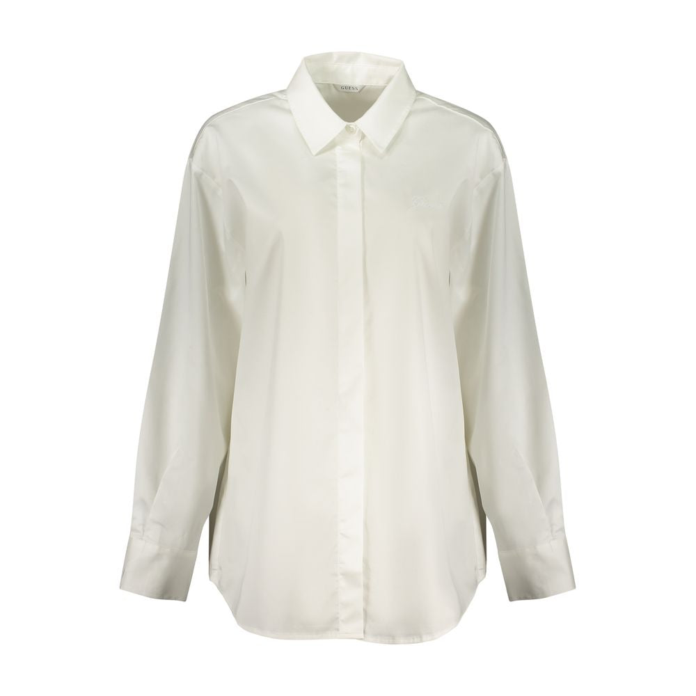 Chemise blanche en coton pour femmes de Guess Jeans, style décontracté, visible avec col et manches longues.