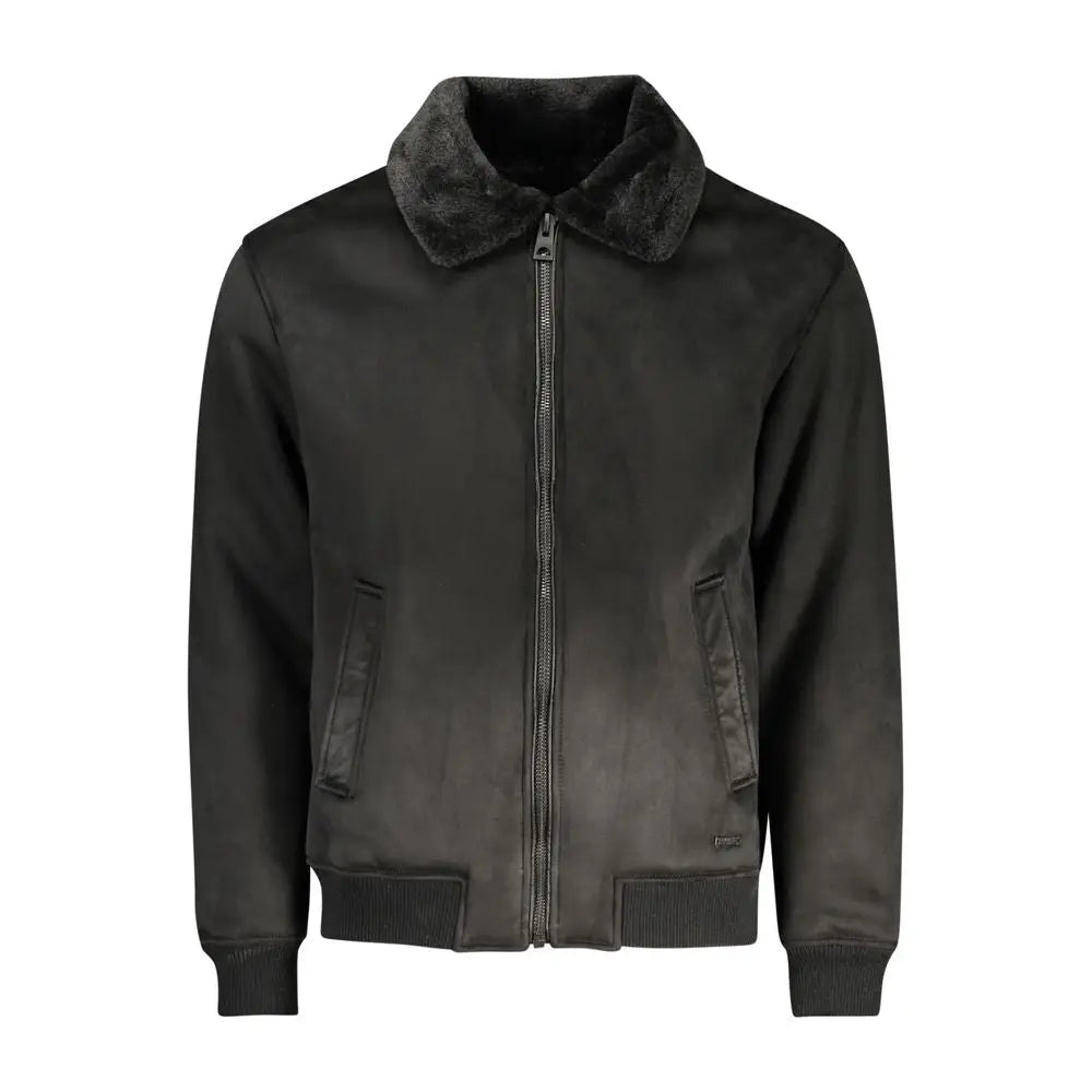 Veste guess jeans nero poliuretano homme en daim noir avec col en fourrure texturée et poignets côtelés