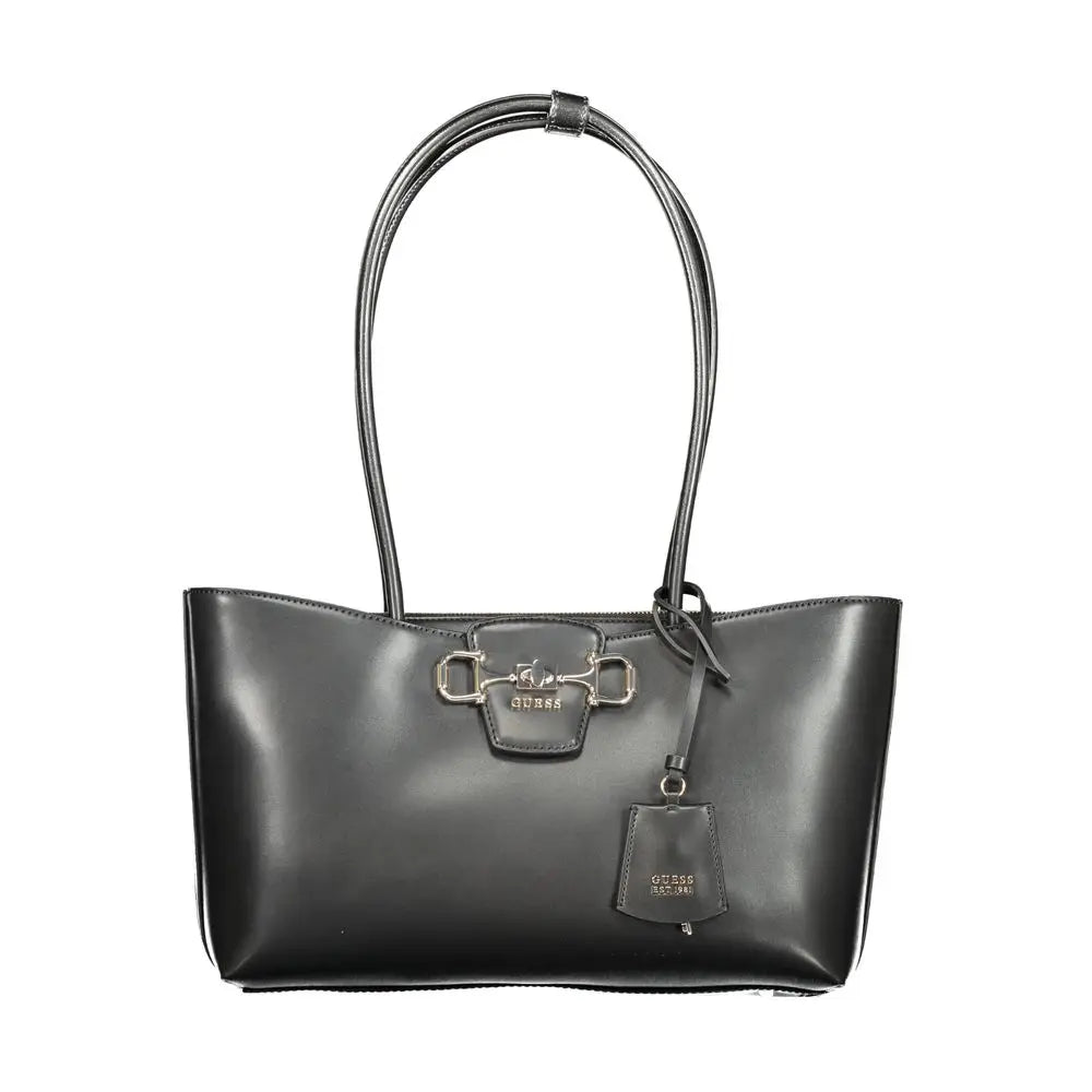 Sac guess jeans nero poliuretano pour femme en cuir noir avec fermoir cheval argenté et étiquette assortie
