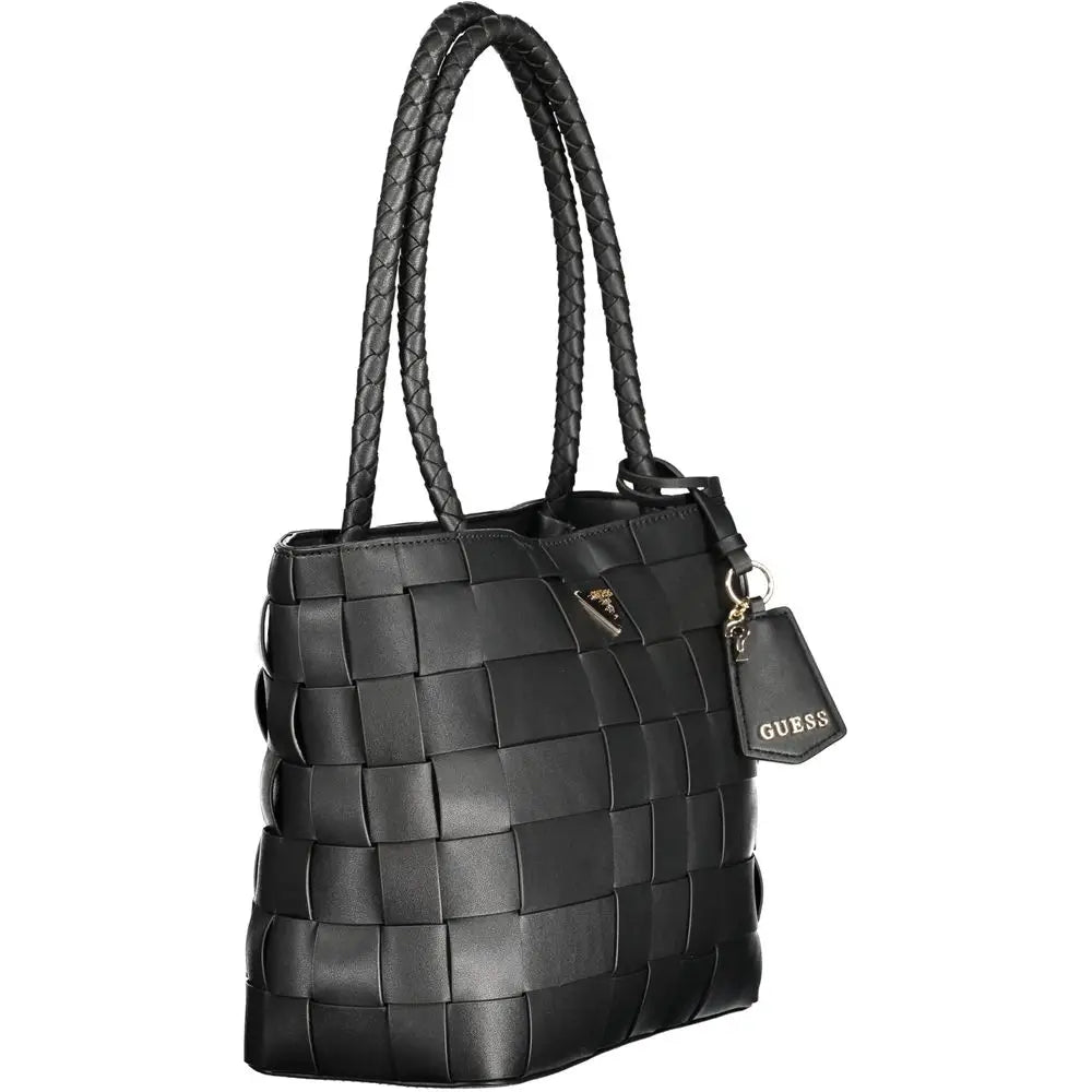 Sac à main noir tissé en cuir avec anses tressées et étiquette de la marque guess jeans nero poliuretano femmes