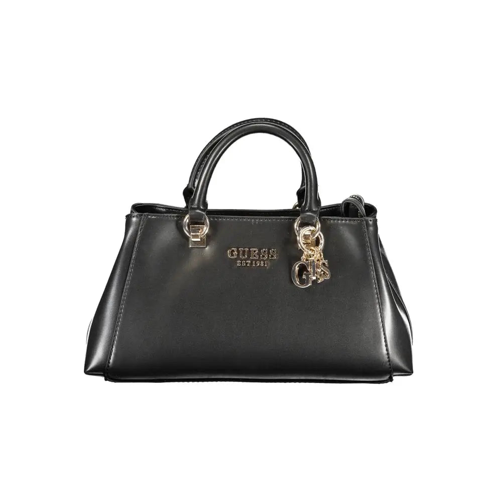 Sac à main noir guess jeans en poliuréthane brillant avec détails métalliques dorés femme