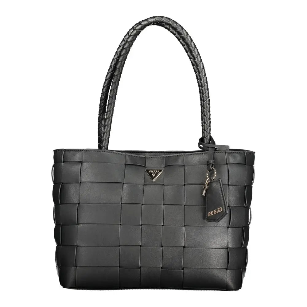 Sac fourre-tout tressé noir en cuir avec poignées tressées et logo triangulaire Guess pour femme