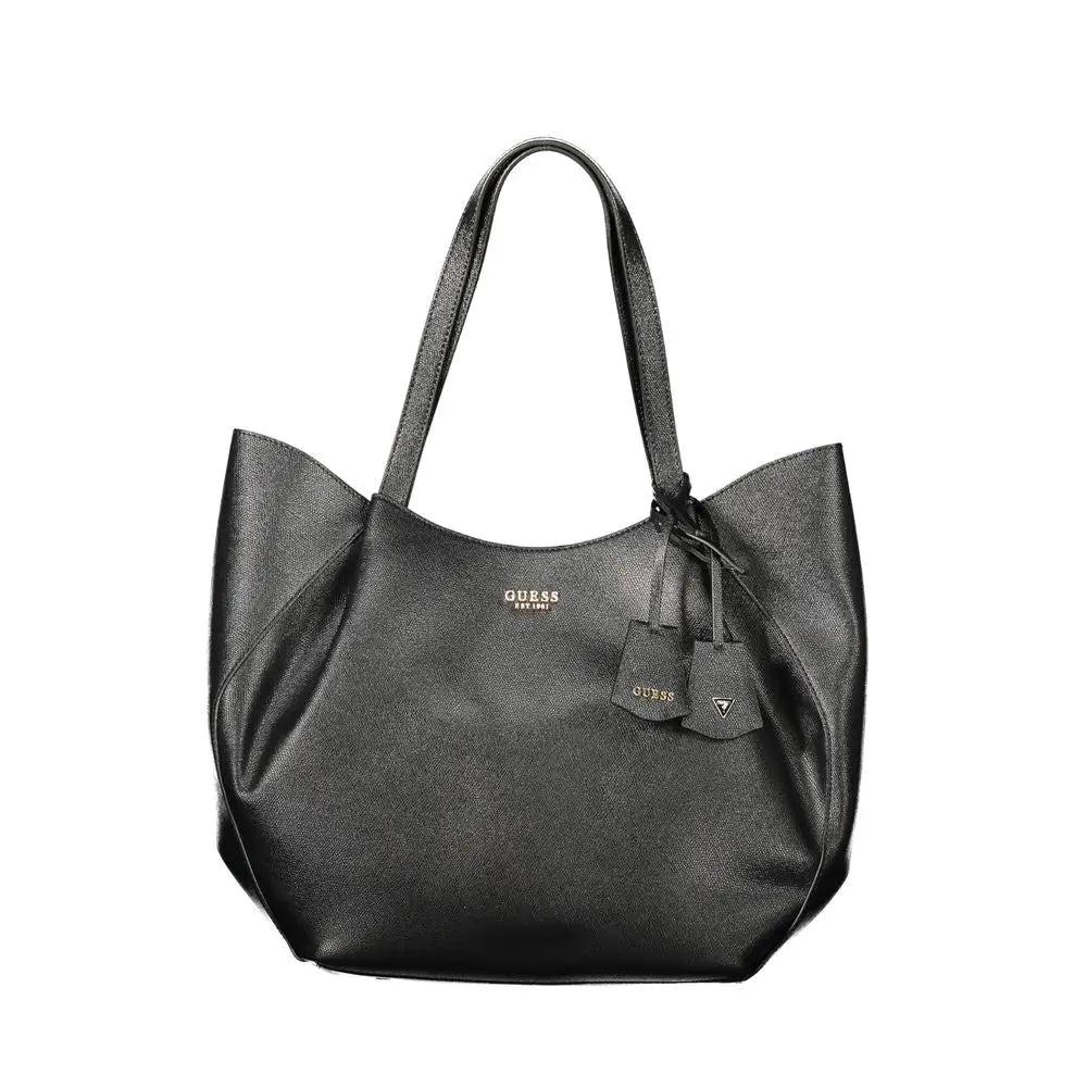 Sac tote guess noir en cuir synthétique texturé avec léger brillant et logo de la marque sur le devant