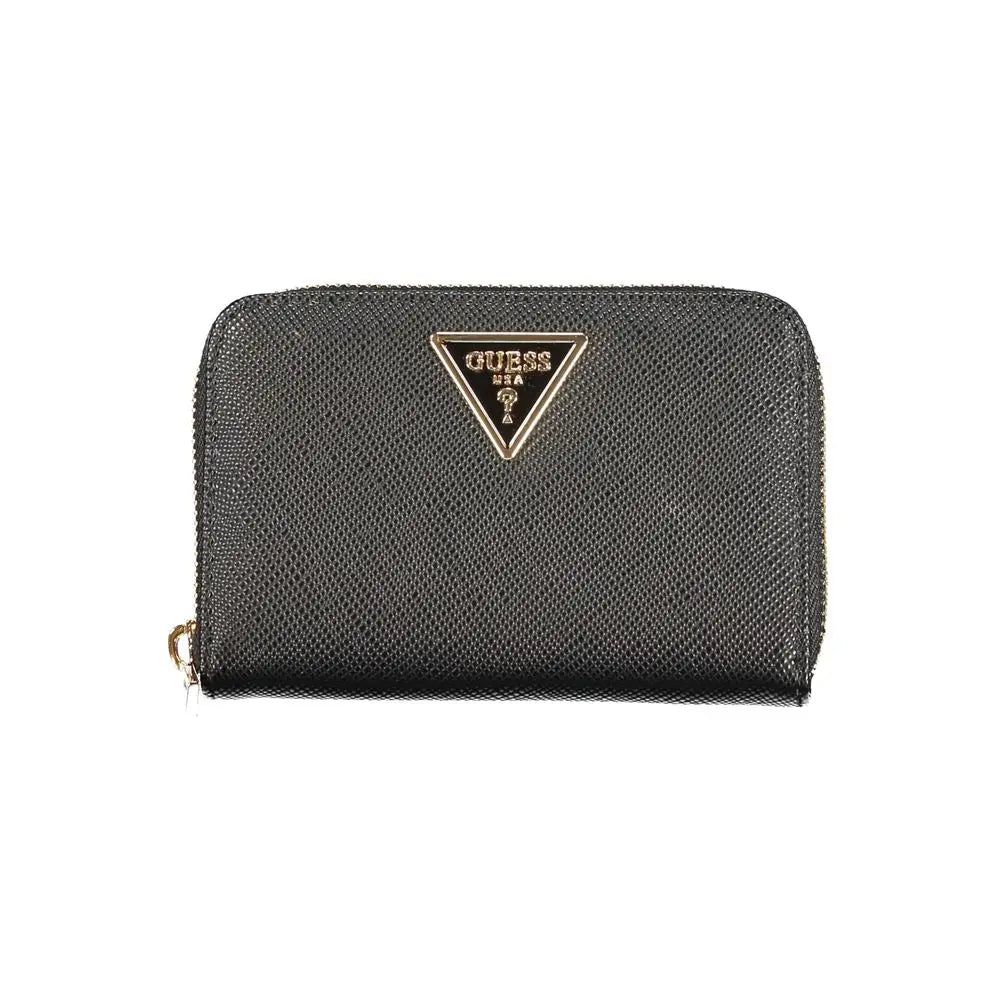 Portefeuille guess jeans nero en poliuréthane noir texturé avec logo triangulaire doré femme