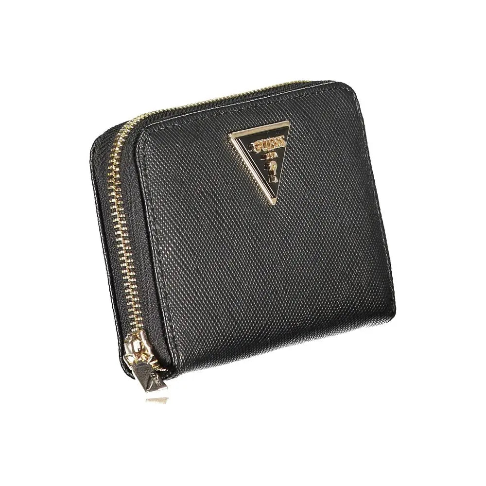 Portefeuille guess jeans nero poliuretano femme noir texturé avec fermeture éclair dorée et logo triangulaire guess