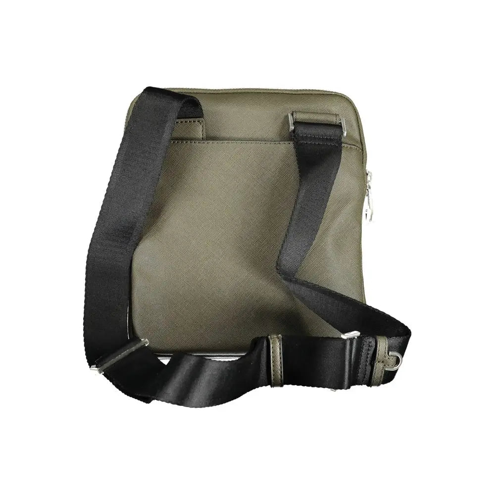 Olive green crossbody bag with black adjustable strap and silver zipper accents made of polyester by guess jeans nero