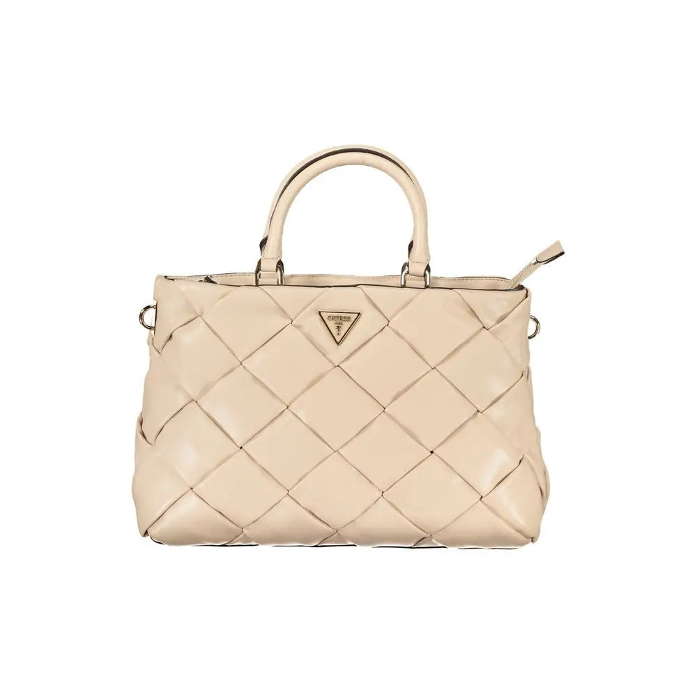 Sac à dos femme guess jeans rosa en cuir synthétique beige avec un logo triangulaire en cuir tressé