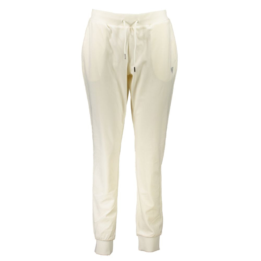 Pantalon de jogging blanc en polyester pour femmes de Guess Jeans, style décontracté et confortable, vue de face.