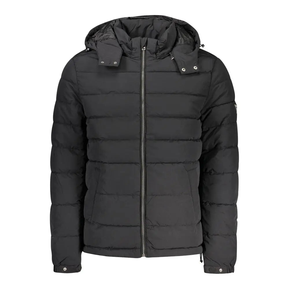 Veste matelassée noire à capuche guess jeans avec fermeture éclair argentée et boutons-pression