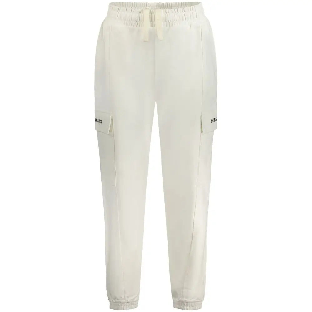 Pantalon cargo crème guess jeans en coton avec ceinture élastique et poches latérales à rabats marqués guess