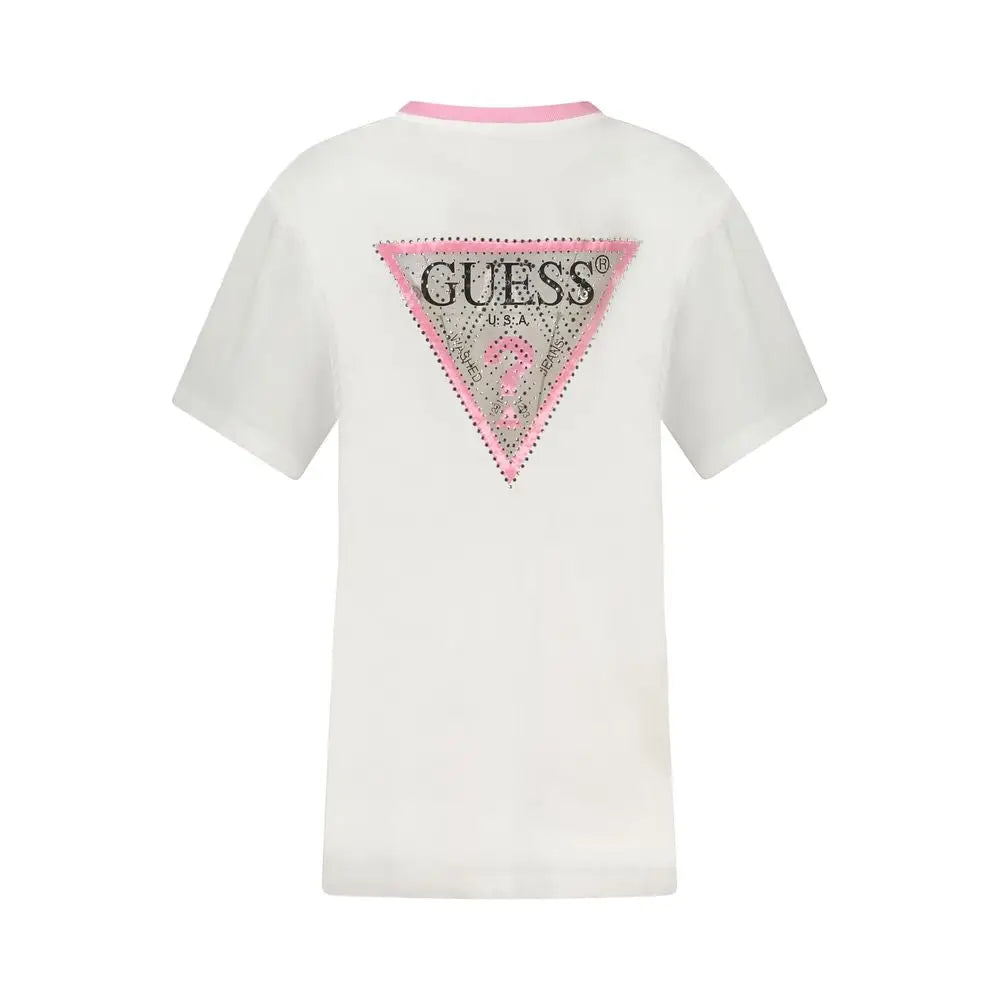 T-shirt guess jeans blanc en coton pour femme avec logo triangulaire rose et argent à sequins