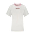 T-shirt femme guess jeans en coton blanc avec col rond côtelé rose et petit logo est rectangulaire