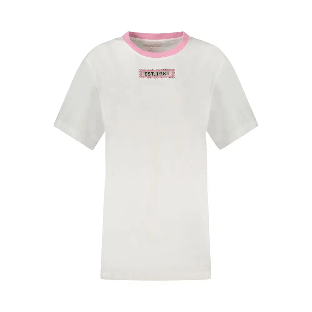 T-shirt femme guess jeans en coton blanc avec col rond côtelé rose et petit logo est rectangulaire