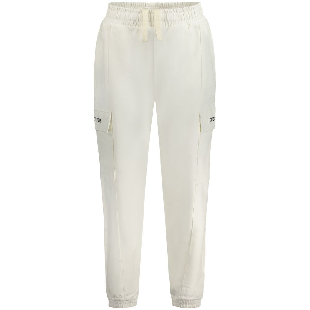 Pantalon de sweat blanc pour femmes Guess Jeans en coton, vue de face, avec ceinture élastique et logo Guess.
