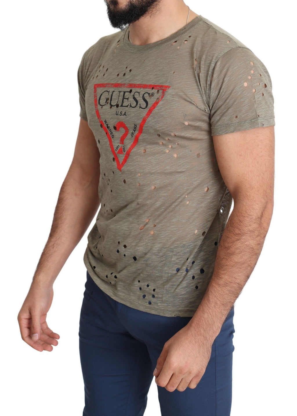 T-shirt homme Guess en coton marron extensible avec logo imprimé et perforations pour un style décontracté.